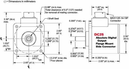 DC25F-XXXXXS - Flange mount, Side connector
